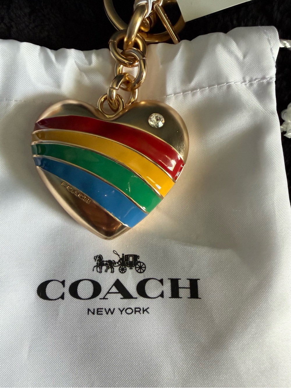 Coach Gold Heart Keychain with Rainbow Enamel Stripes NWT